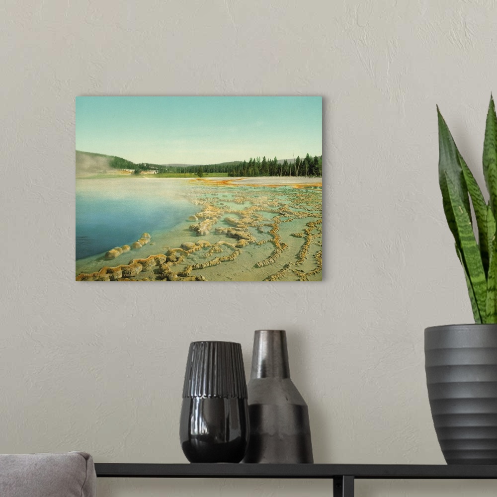 A modern room featuring Hand colored photograph of sapphire pool, Yellowstone national park.