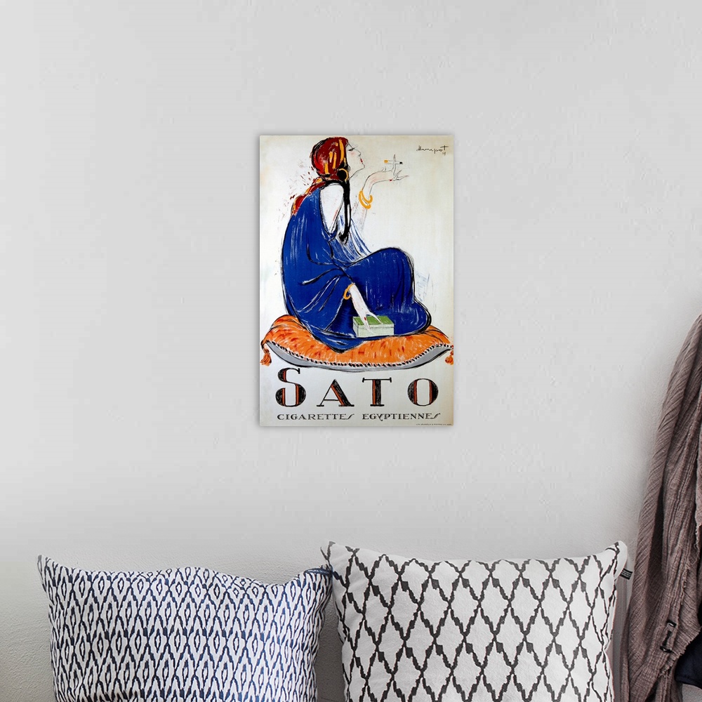 A bohemian room featuring Sato Cigarettes, Vintage Poster, by Charles Loupot