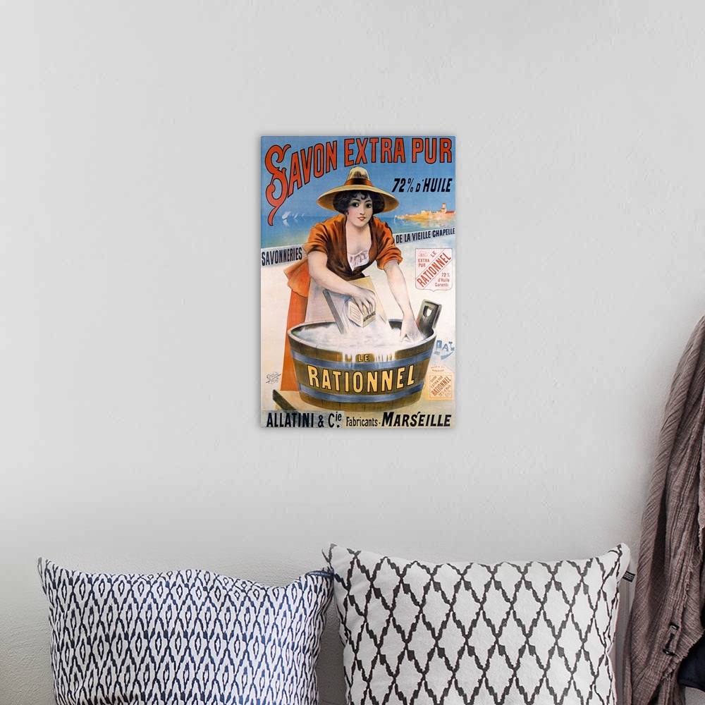 A bohemian room featuring Large, vertical vintage advertisement for French soap, "Savon Extra Pur, le Rationnel", a woman i...