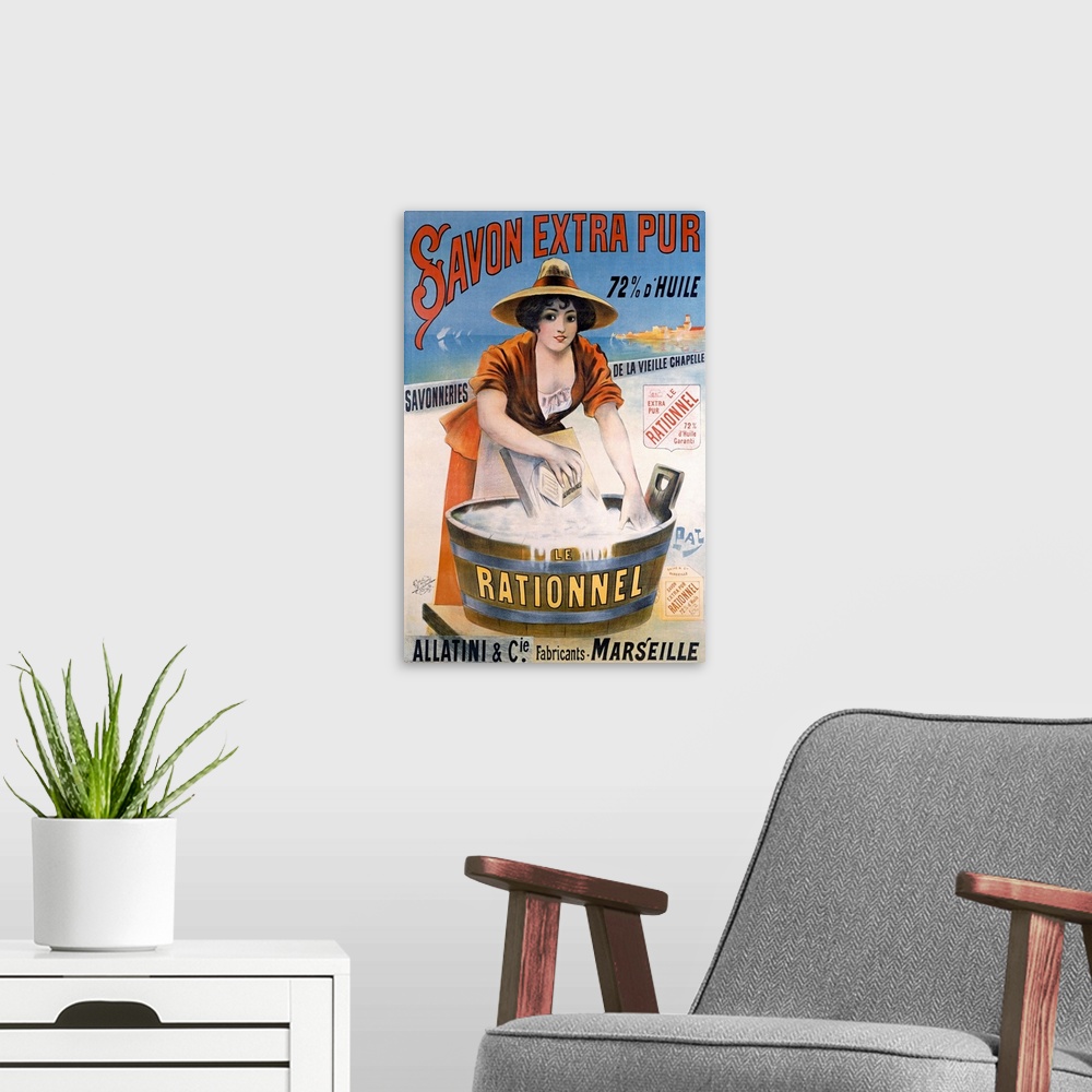 A modern room featuring Large, vertical vintage advertisement for French soap, "Savon Extra Pur, le Rationnel", a woman i...