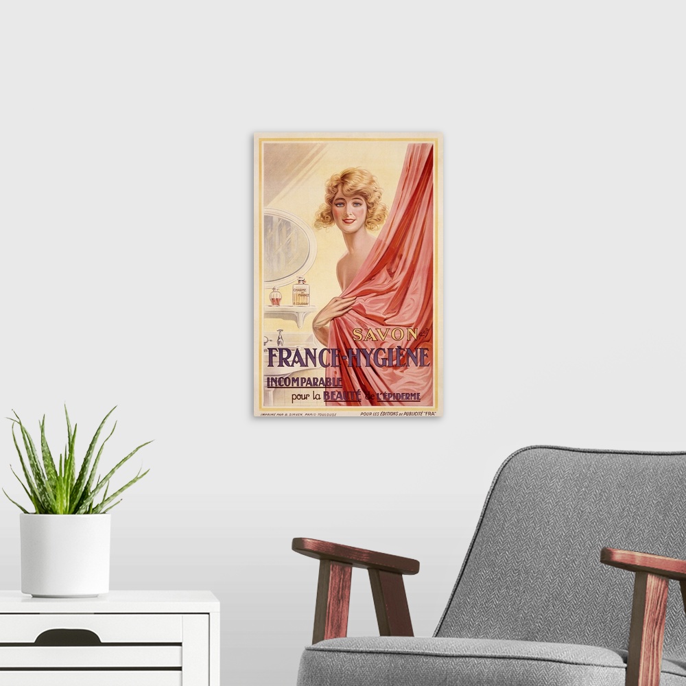 A modern room featuring Savon France Hygiene, Vintage Poster