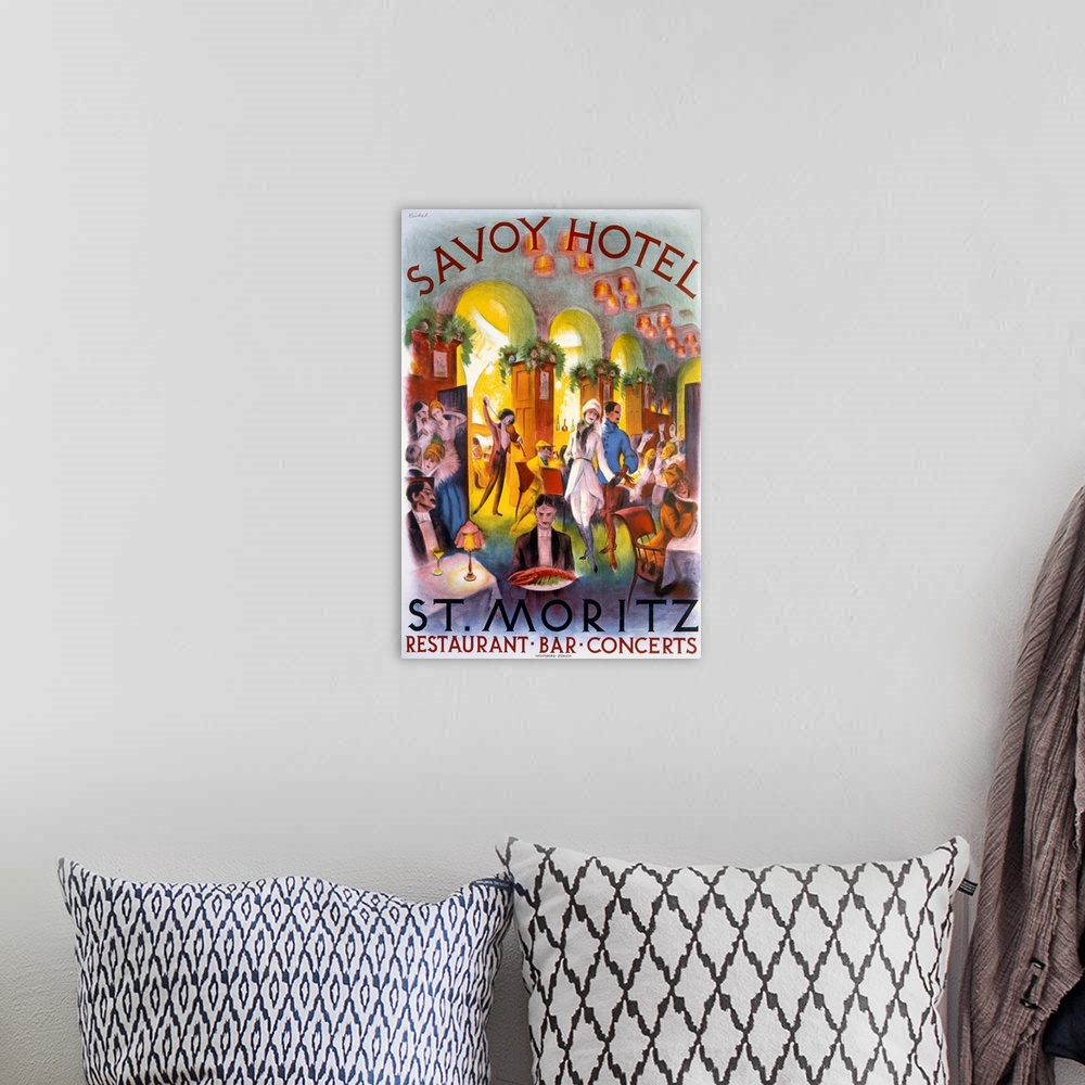 A bohemian room featuring Oversized, vertical vintage advertising poster for the Savoy Hotel in St. Moritz. Many seated pat...