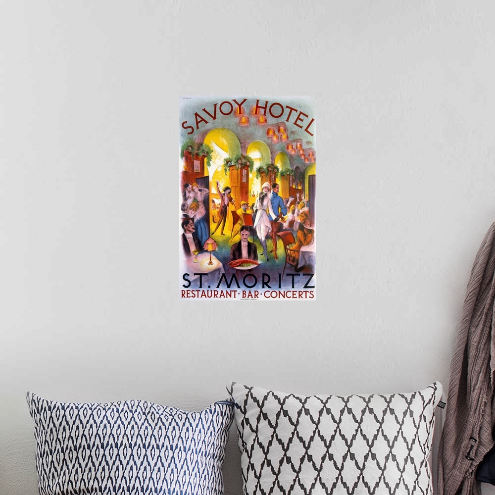 A bohemian room featuring Oversized, vertical vintage advertising poster for the Savoy Hotel in St. Moritz. Many seated pat...