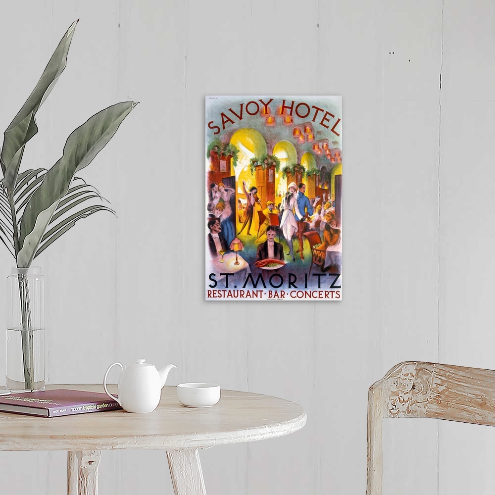 A farmhouse room featuring Oversized, vertical vintage advertising poster for the Savoy Hotel in St. Moritz. Many seated pat...