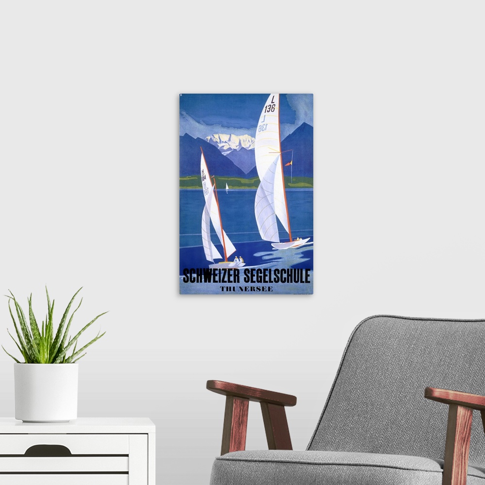 A modern room featuring Tall wall art of two sailboats sailing from left to right with layered mountains in the distance ...