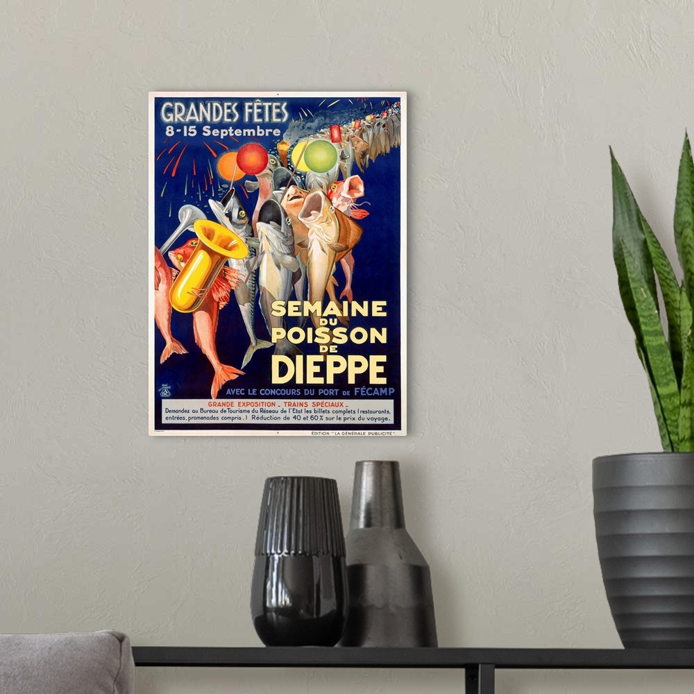 A modern room featuring Semaine du Poisson de Dieppe, Vintage Poster, by Rene Jeandot