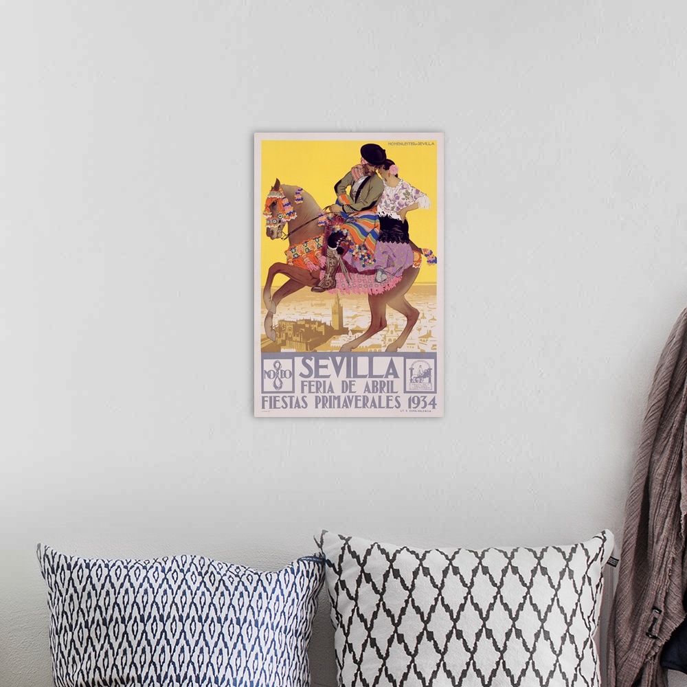 A bohemian room featuring Classic 1930's poster of a man and woman riding on a decorated horse with a city in the background.