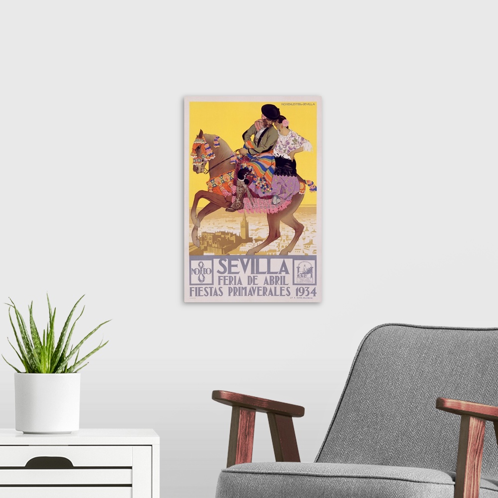 A modern room featuring Classic 1930's poster of a man and woman riding on a decorated horse with a city in the background.