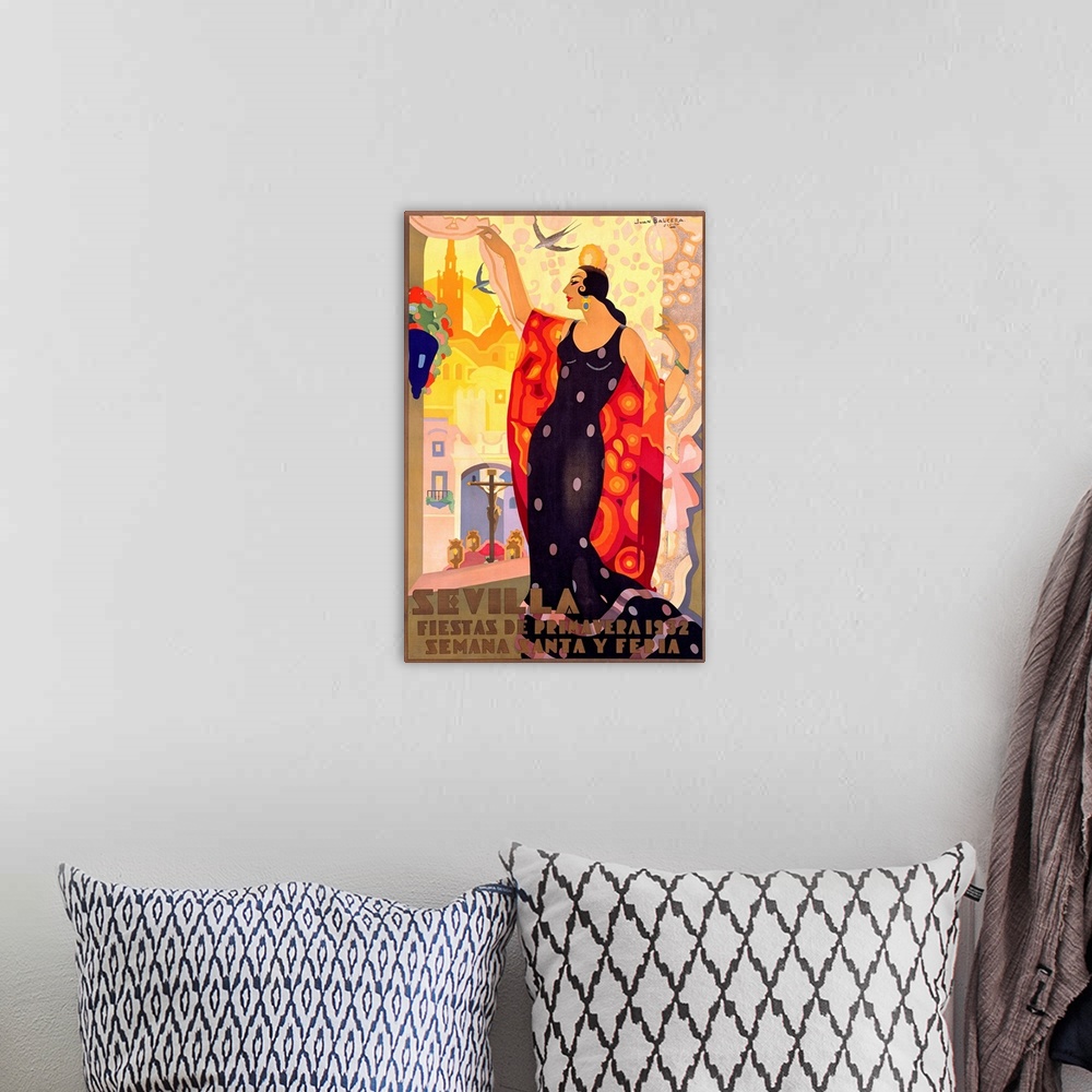 A bohemian room featuring Vintage poster of a tall Spanish woman wearing a polka dot gown as she lifts a curtain to look ou...