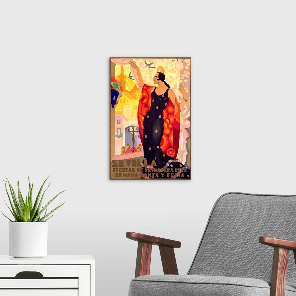 A modern room featuring Vintage poster of a tall Spanish woman wearing a polka dot gown as she lifts a curtain to look ou...