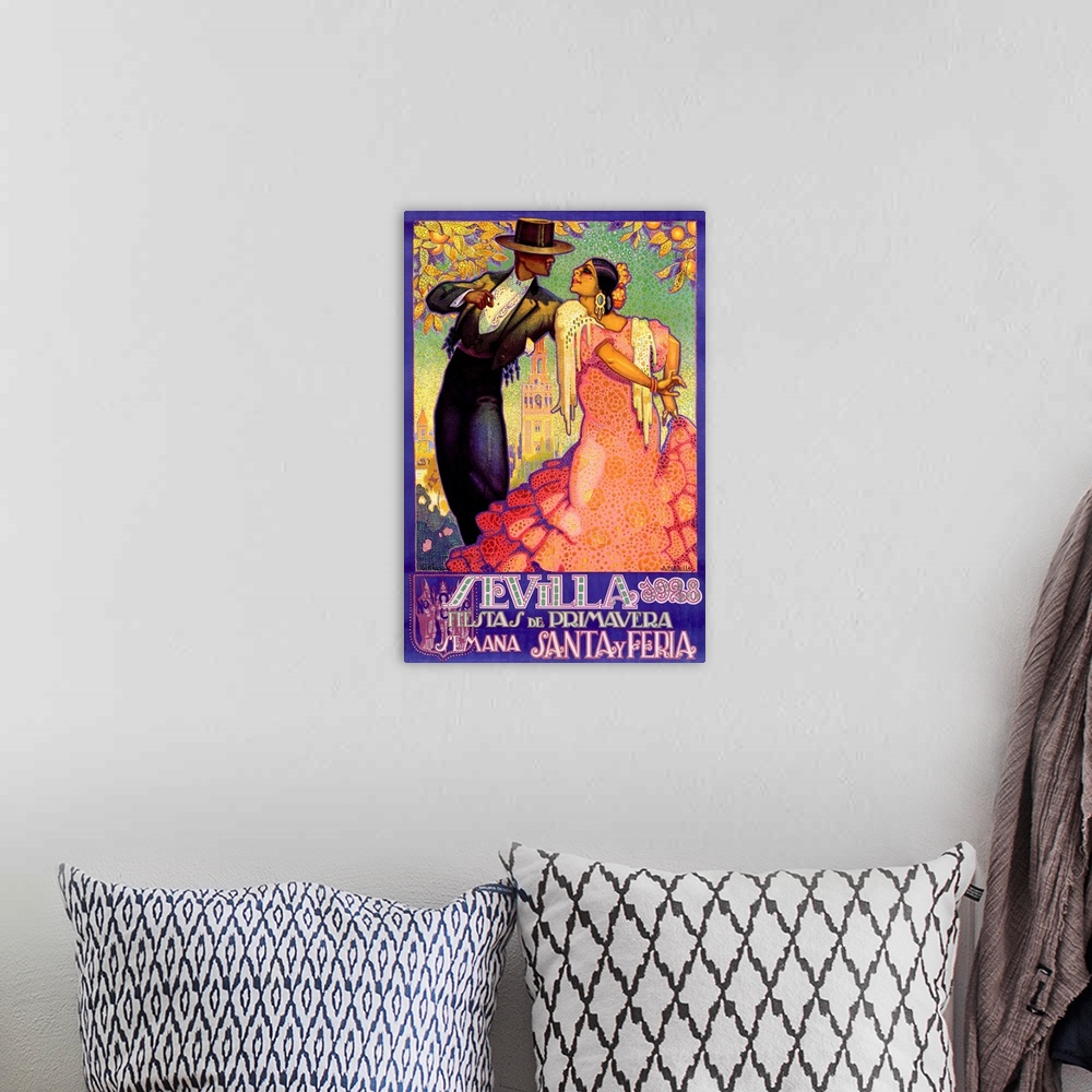 A bohemian room featuring A vintage vertical print of a man and woman dancing with orange trees hanging over them.