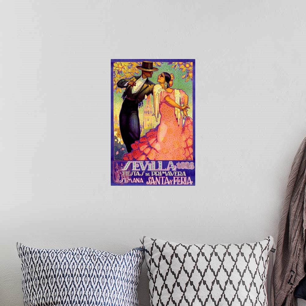A bohemian room featuring A vintage vertical print of a man and woman dancing with orange trees hanging over them.