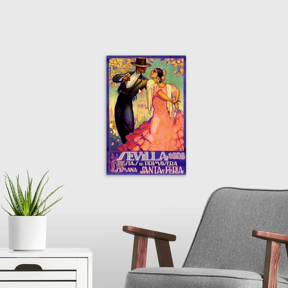 A modern room featuring A vintage vertical print of a man and woman dancing with orange trees hanging over them.