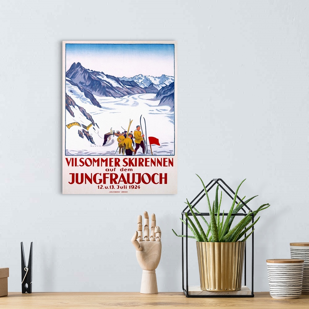 A bohemian room featuring Vintage poster of snow covered ground and mountains with a group of skiers in the foreground of t...