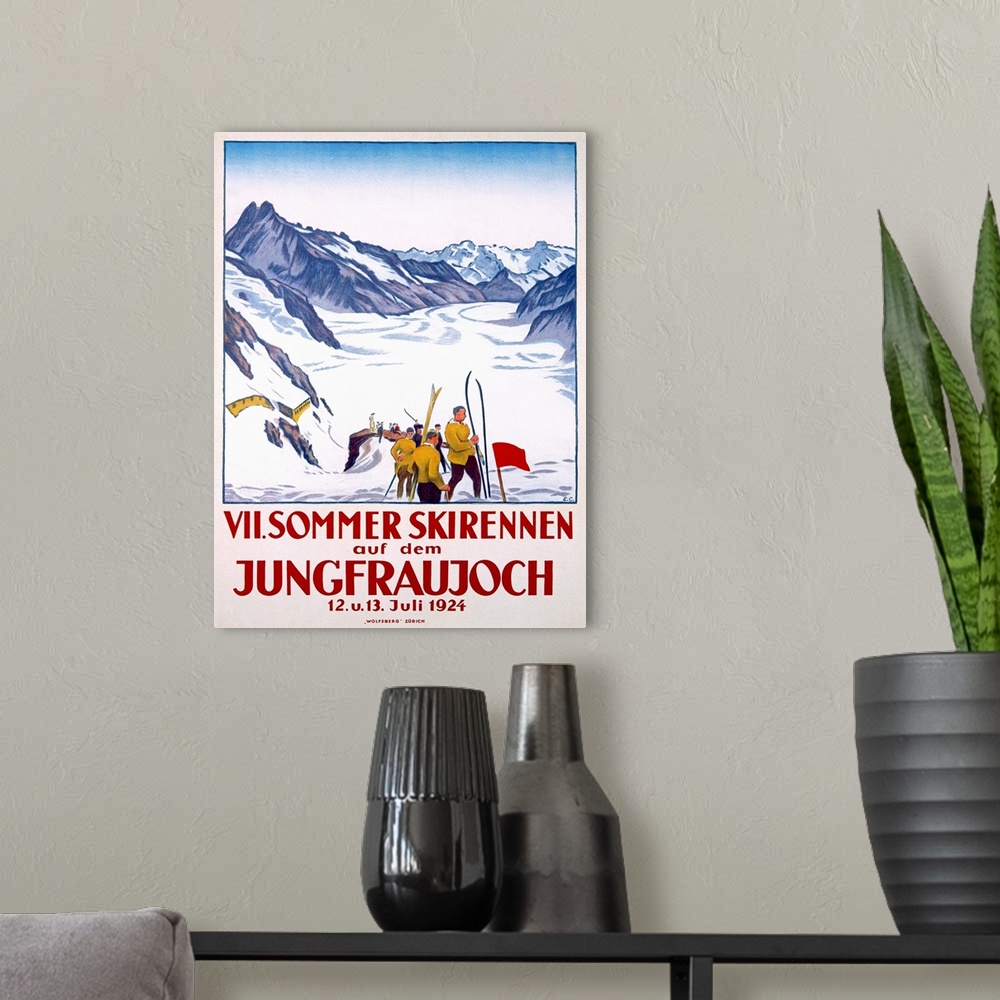 A modern room featuring Vintage poster of snow covered ground and mountains with a group of skiers in the foreground of t...