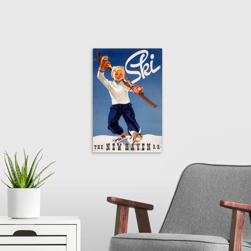 A modern room featuring Ski, the New Haven Rail Road, Vintage Poster