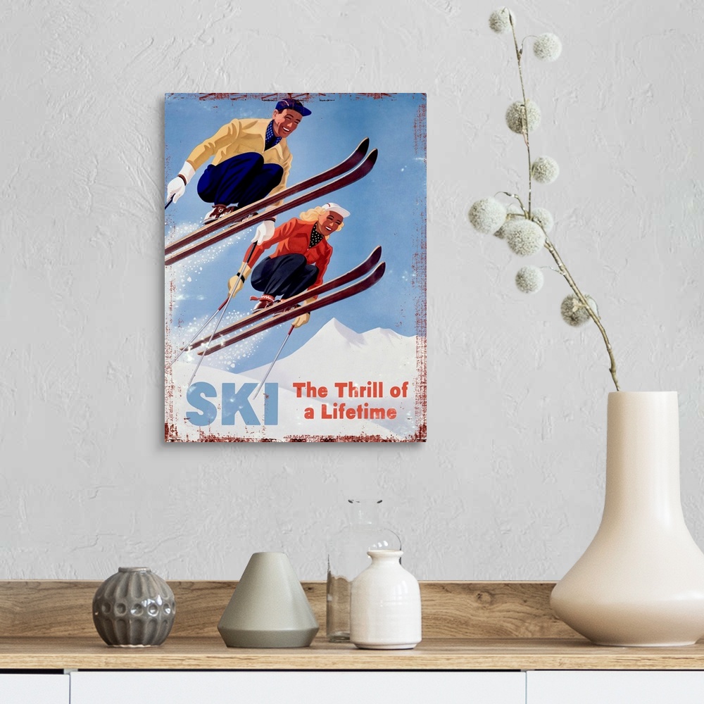 A farmhouse room featuring Ski The Thrill of a Lifetime Vintage Advertising Poster