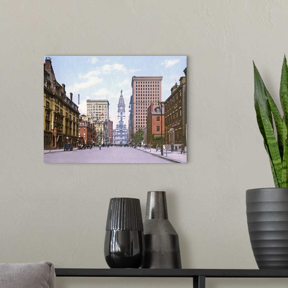 A modern room featuring Giant, landscape, vintage photograph looking down South Broad Street in Philadelphia, a row of bu...