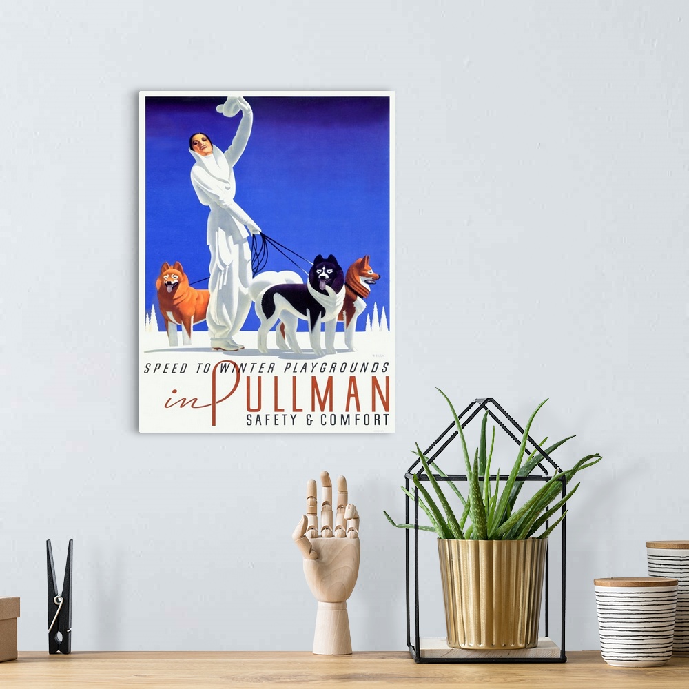 A bohemian room featuring Speed to Winter Playgrounds, Pullman, Vintage Poster