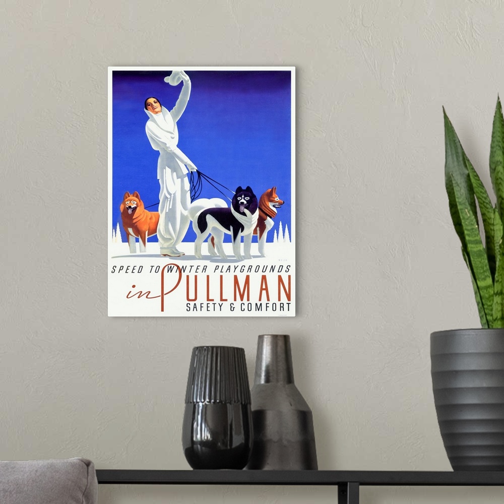 A modern room featuring Speed to Winter Playgrounds, Pullman, Vintage Poster