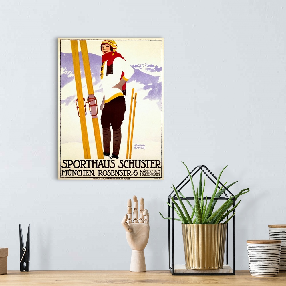 A bohemian room featuring Vintage artwork of a female skier standing in front of a mountain view with her skis and poles pl...
