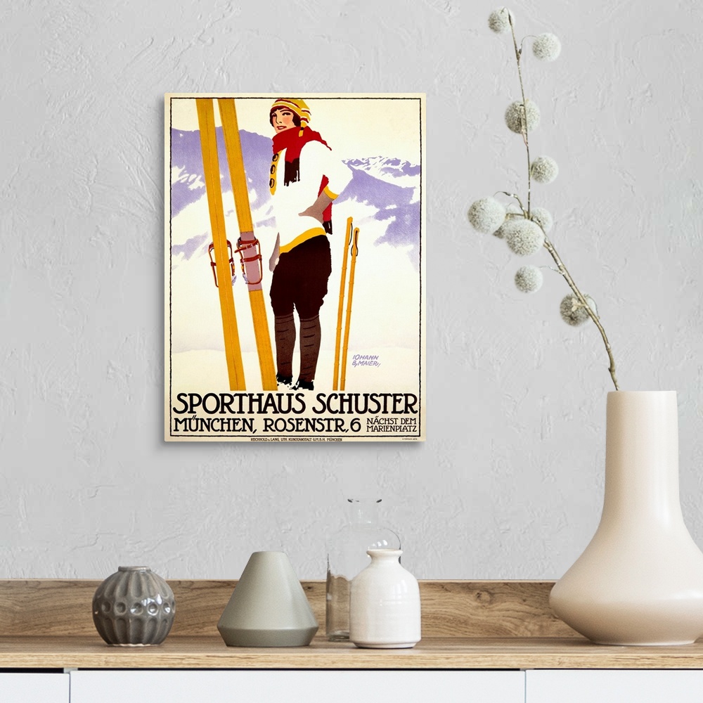 A farmhouse room featuring Vintage artwork of a female skier standing in front of a mountain view with her skis and poles pl...