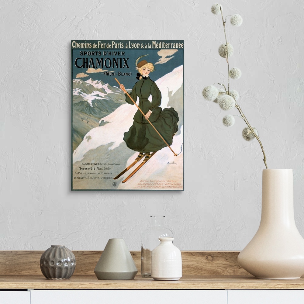 A farmhouse room featuring Sports dHiver Chamonix, Mont Blanc, Vintage Poster, by Abel Faivre