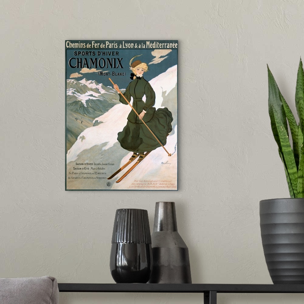 A modern room featuring Sports dHiver Chamonix, Mont Blanc, Vintage Poster, by Abel Faivre
