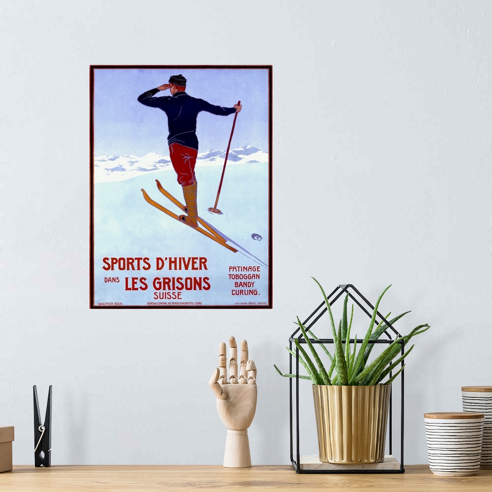 A bohemian room featuring Sports dHiver dans les Grisons, Vintage Poster, by Walter Koch