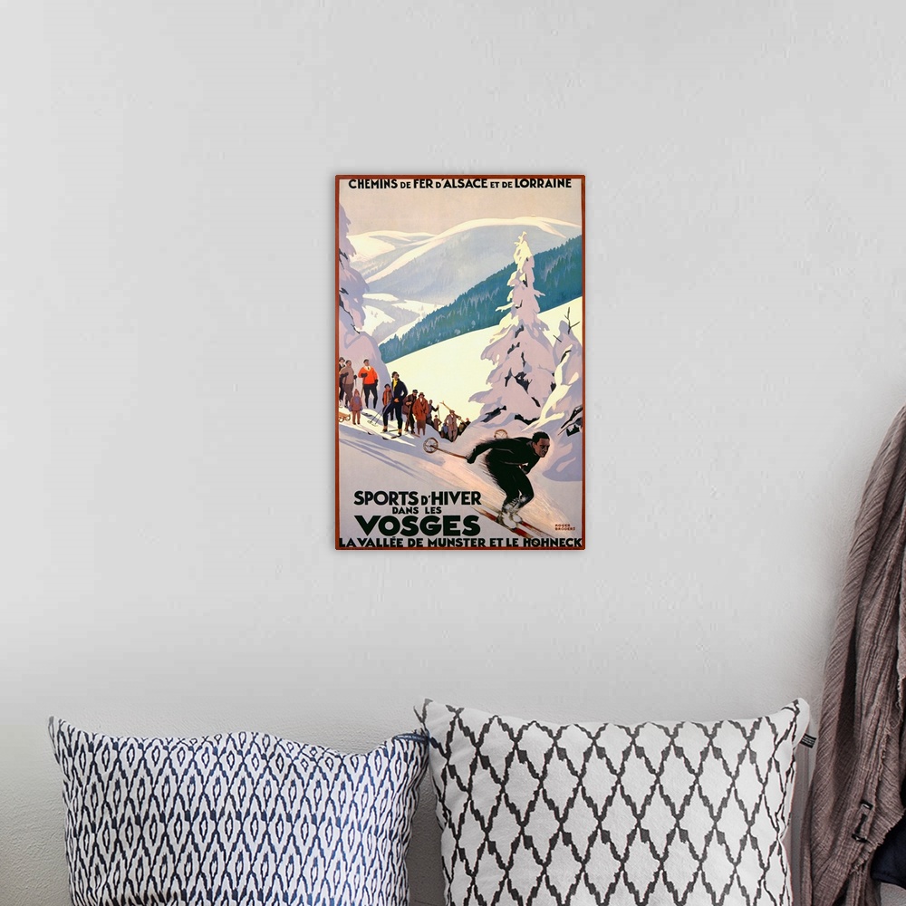 A bohemian room featuring Large antiqued poster of a man skiing down a hill with spectators and rolling hills in the backgr...