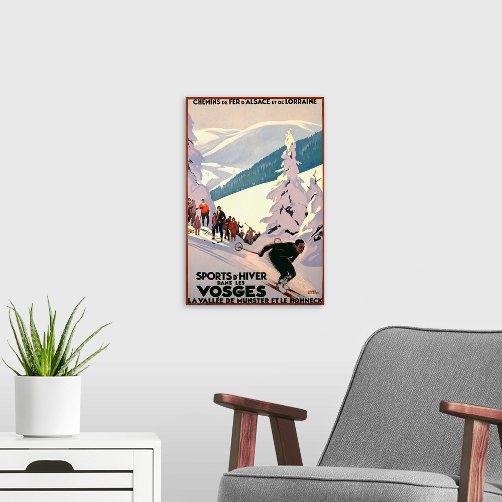 A modern room featuring Large antiqued poster of a man skiing down a hill with spectators and rolling hills in the backgr...