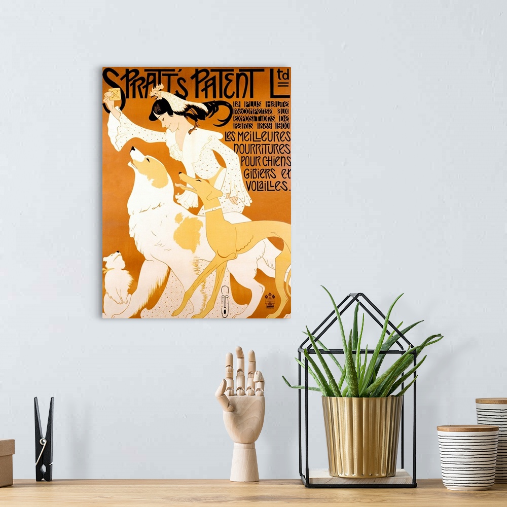 A bohemian room featuring Vertical, large vintage advertisement for the dog food, Spratts Patent Ltd with French text below...