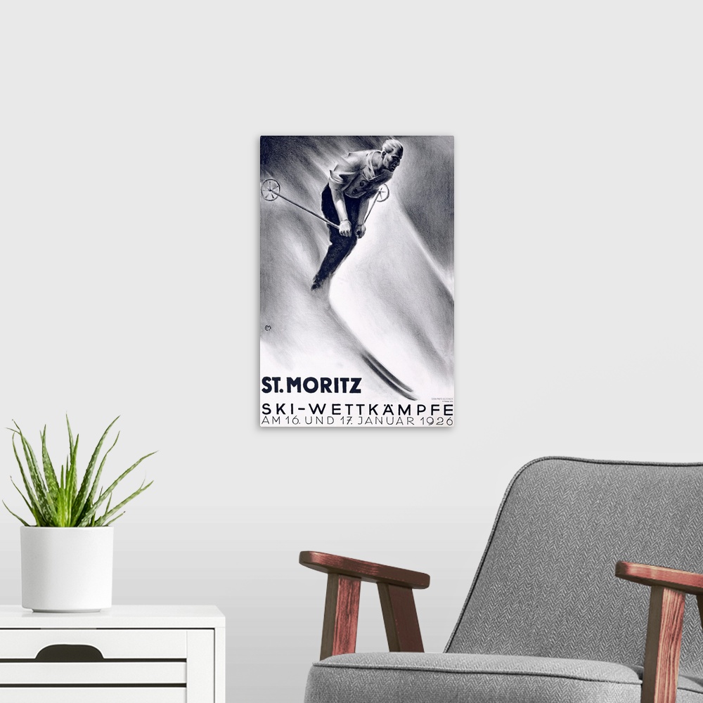 A modern room featuring St. Moritz, Ski Wettkampfe, Vintage Poster, by Carl Moos