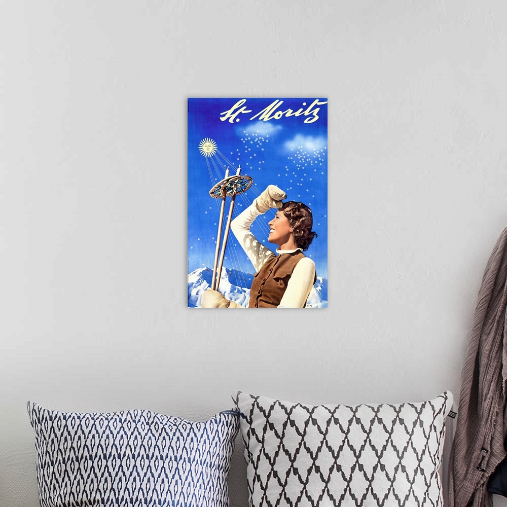 A bohemian room featuring St. Moritz, Ski Woman, Vintage Poster