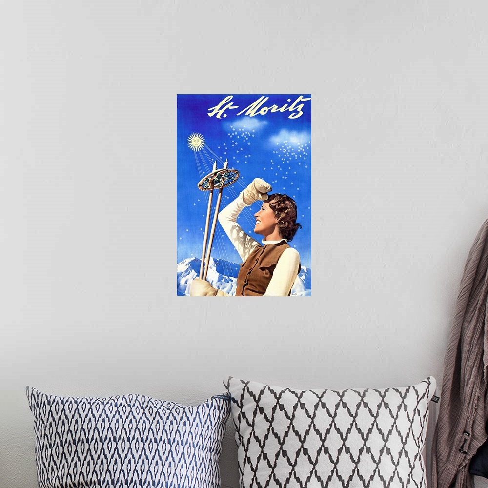 A bohemian room featuring St. Moritz, Ski Woman, Vintage Poster