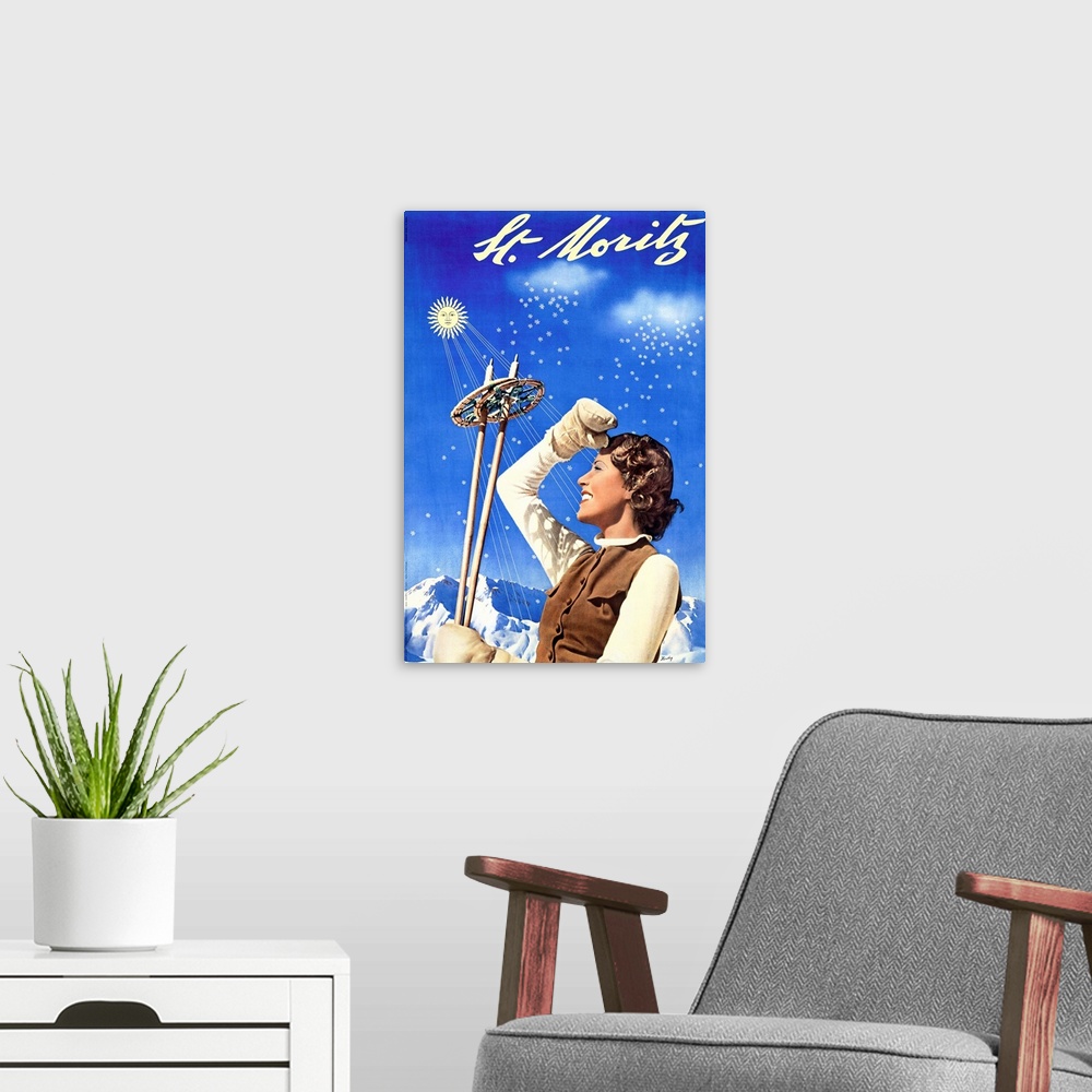 A modern room featuring St. Moritz, Ski Woman, Vintage Poster
