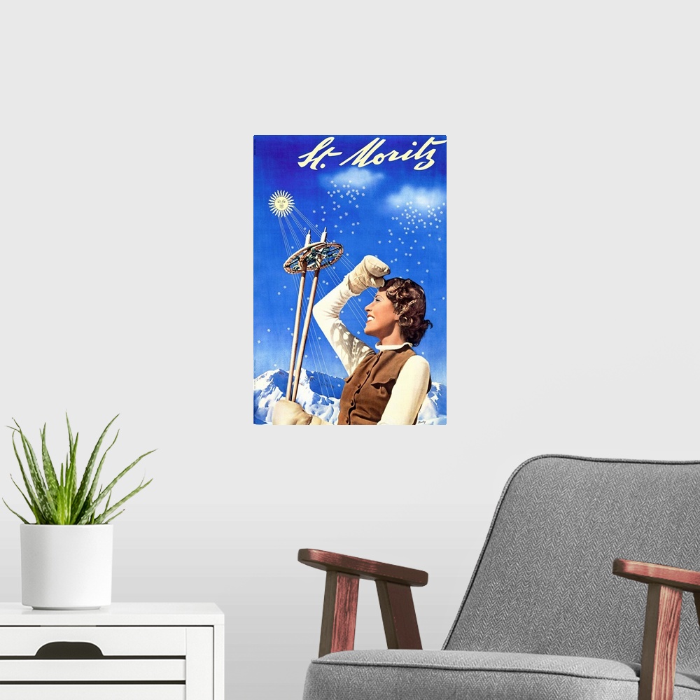 A modern room featuring St. Moritz, Ski Woman, Vintage Poster