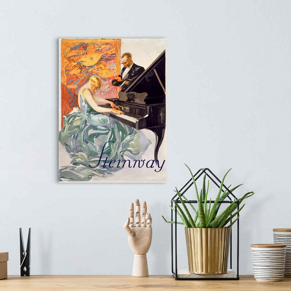 A bohemian room featuring Steinway, Vintage Poster, by Werner Von Axster Heudtlass