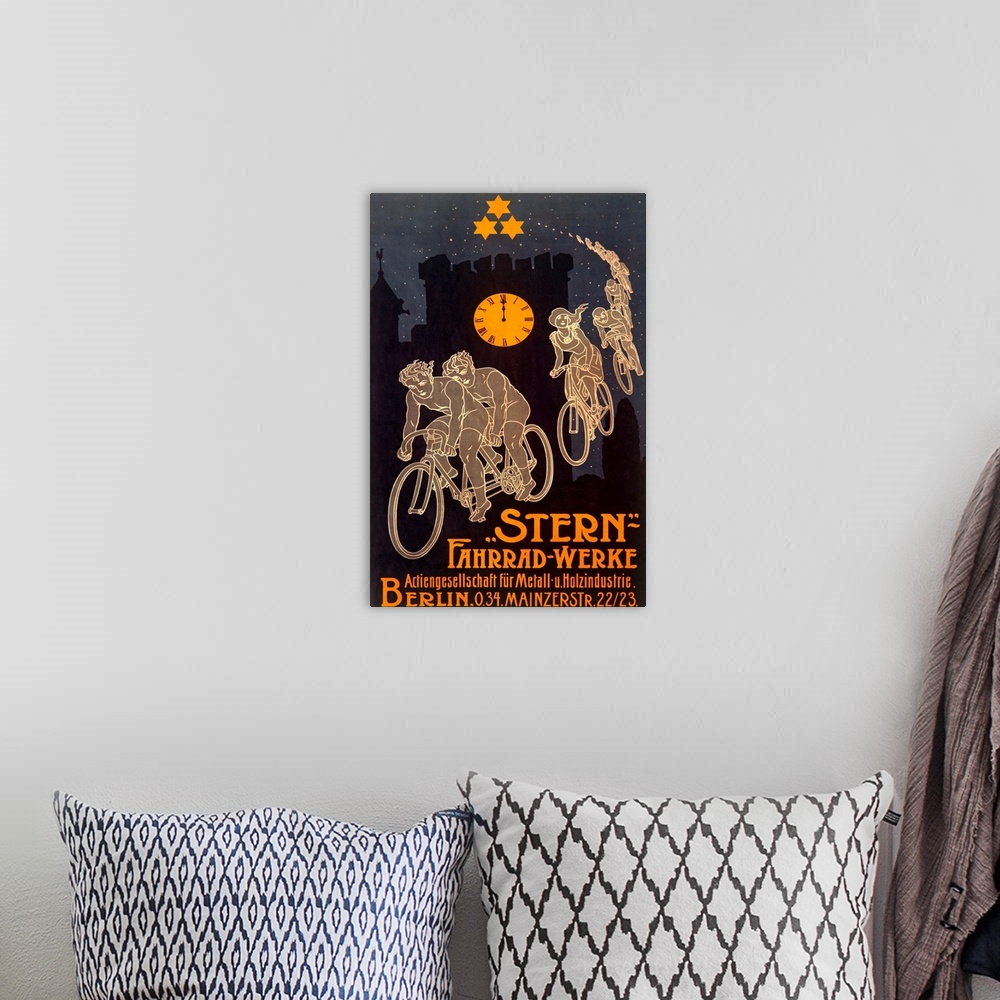 A bohemian room featuring Old advertising poster with trail of bicyclers with block tower silhouette in background.