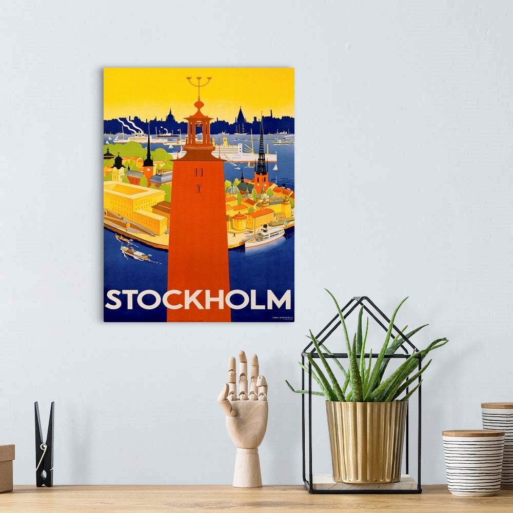 A bohemian room featuring Stockholm Travel Vintage Advertising Poster
