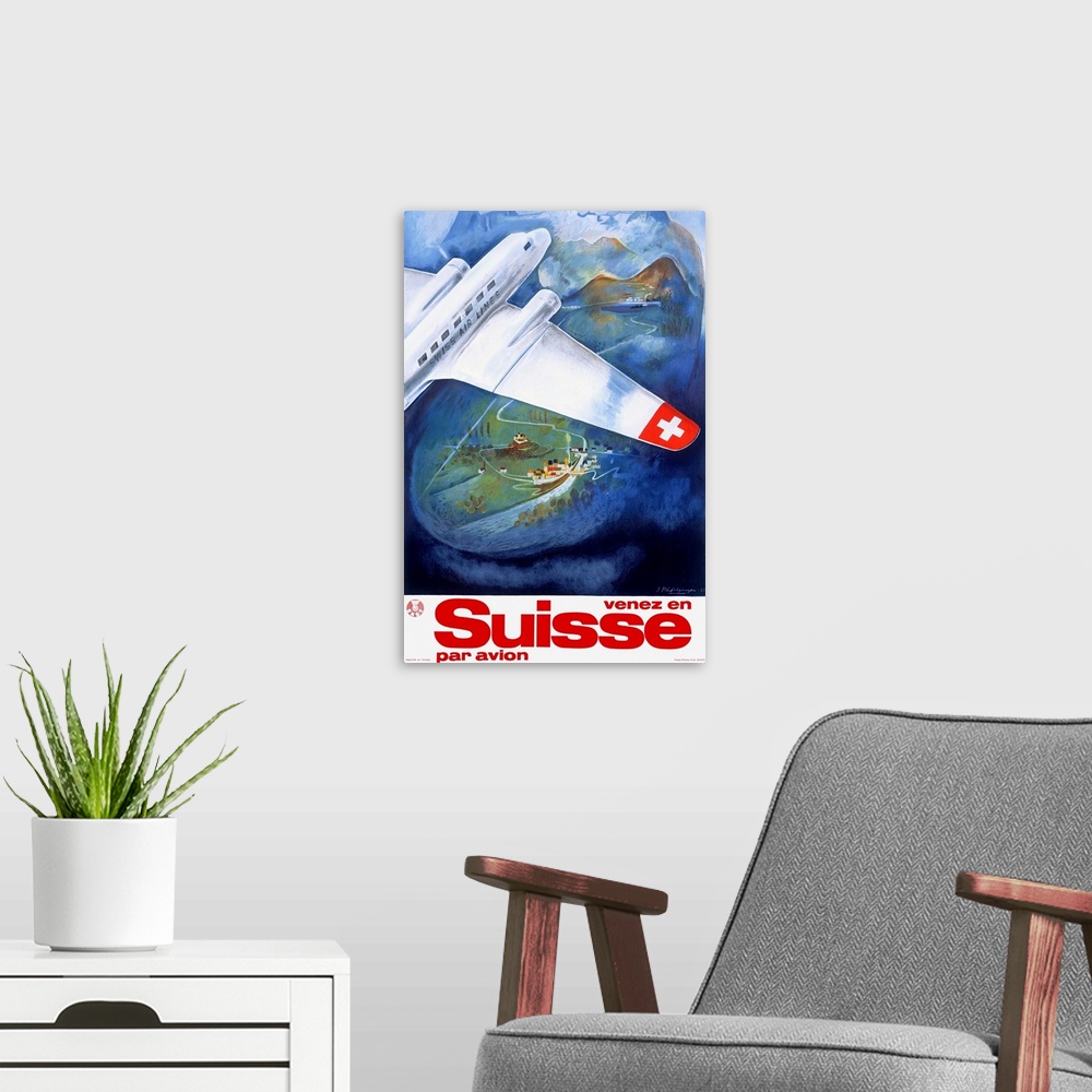 A modern room featuring Suisse, Par Avion, Vintage Poster