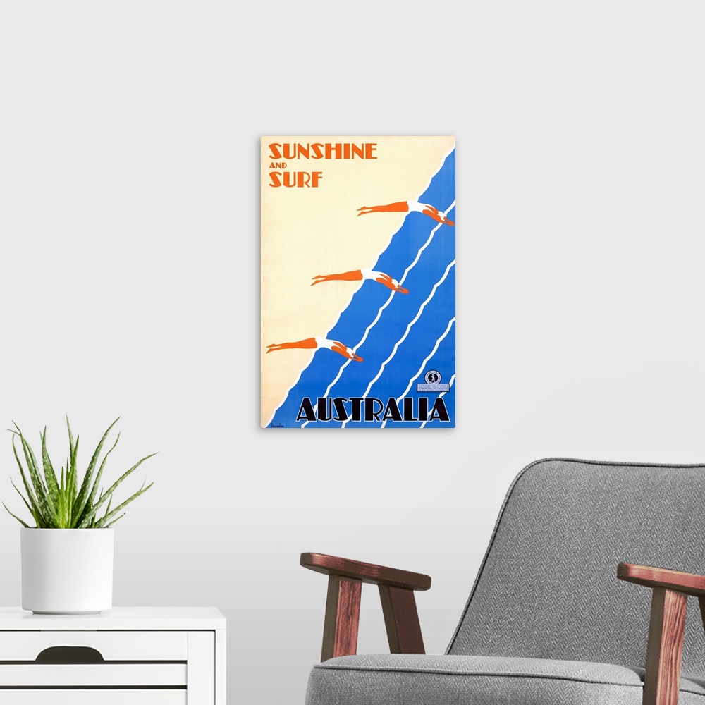 A modern room featuring This vintage poster has three swimmers diving into the water in unison with the text "Sunshine an...