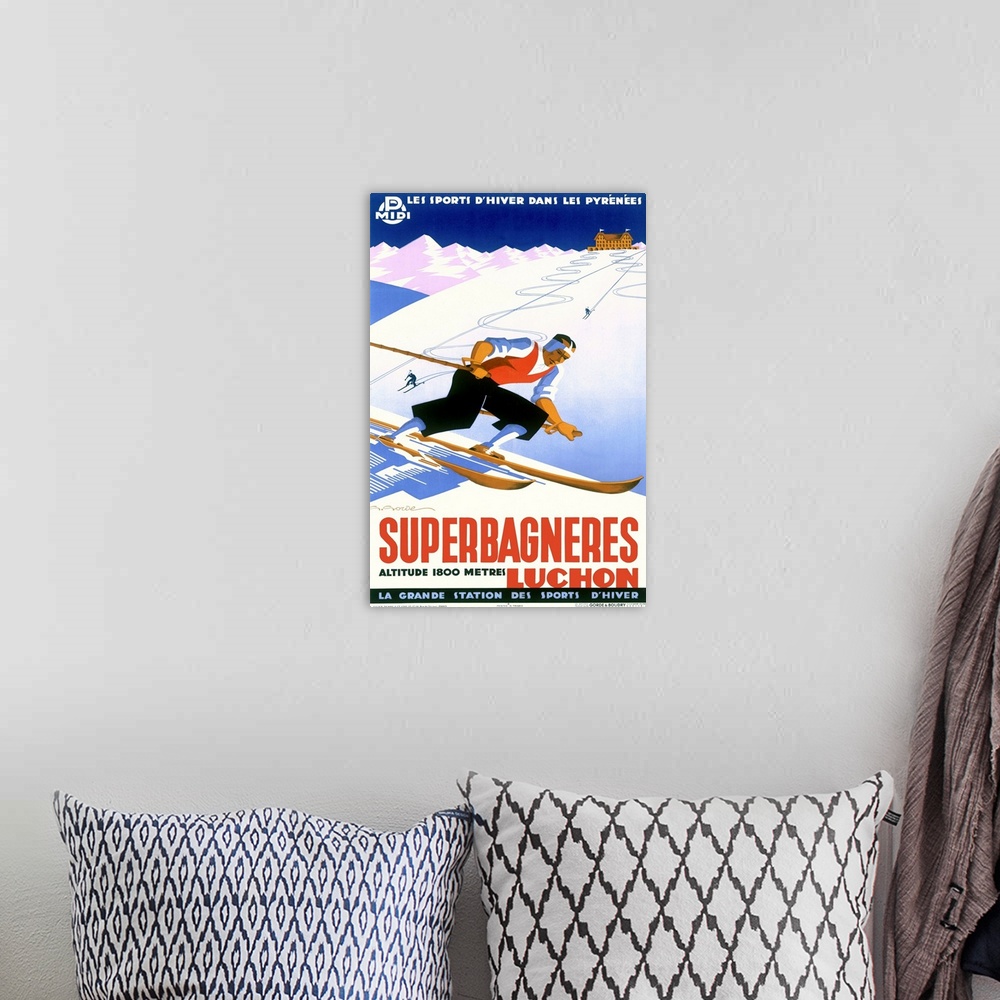 A bohemian room featuring Superbagneres, Skier, Vintage Poster, by Gaston Gorde