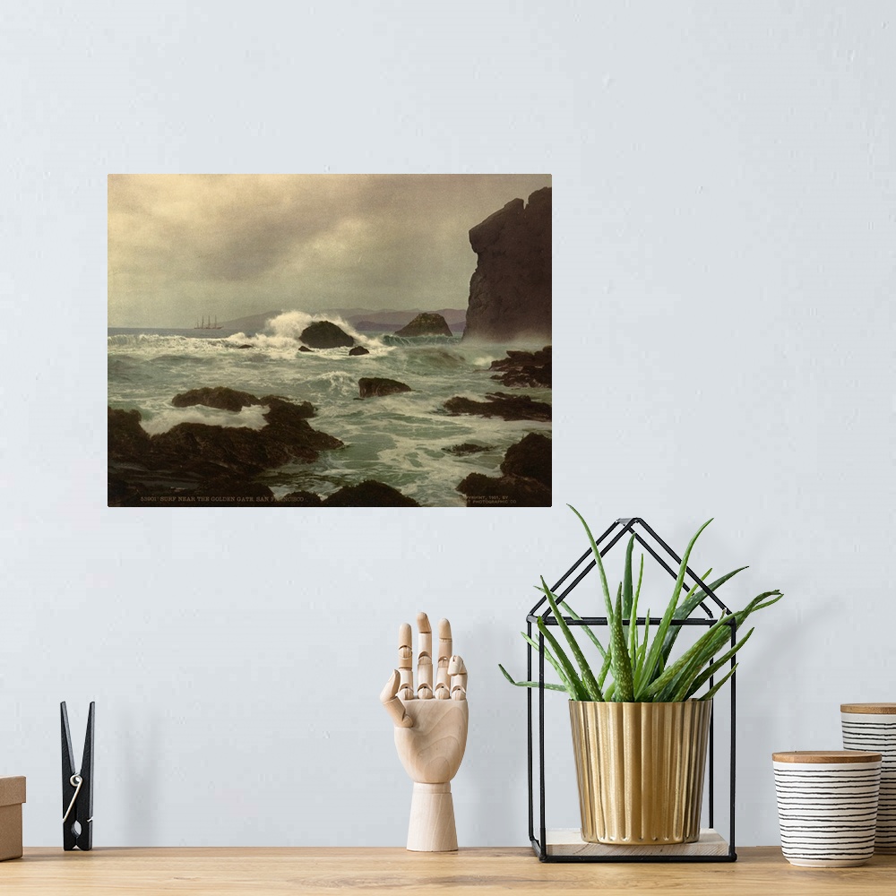 A bohemian room featuring Hand colored photograph of surf near the golden gate, San Francisco.