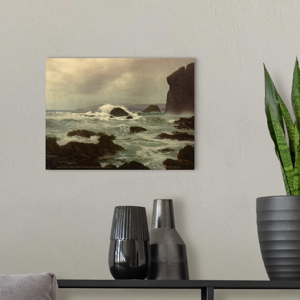 A modern room featuring Hand colored photograph of surf near the golden gate, San Francisco.