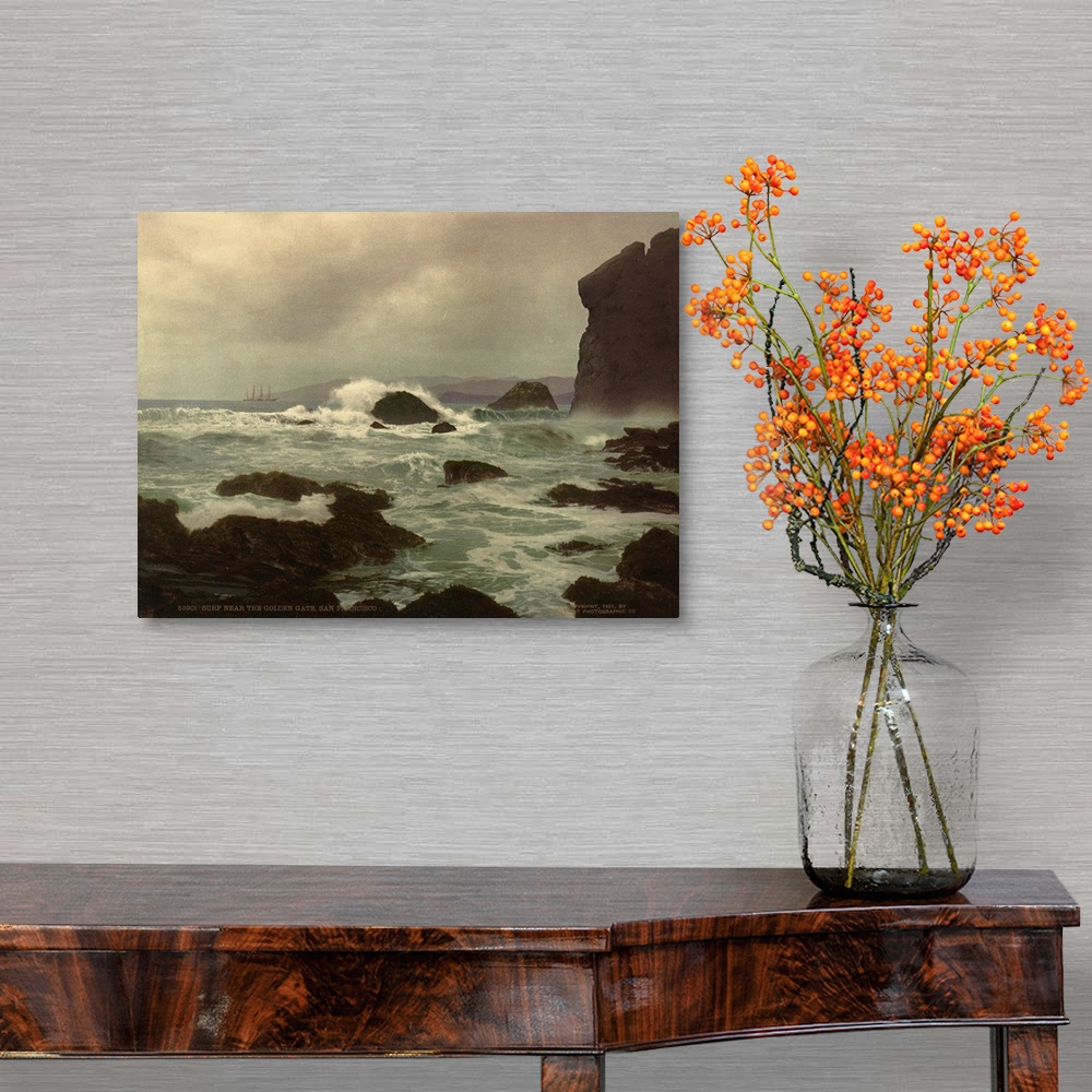 A traditional room featuring Hand colored photograph of surf near the golden gate, San Francisco.