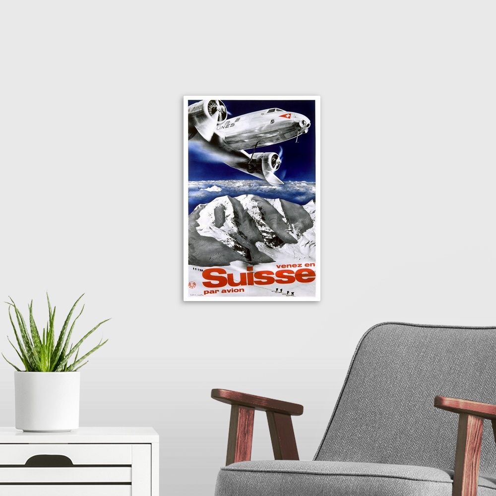 A modern room featuring Swiss Airways, Venez en Suisse, Vintage Poster