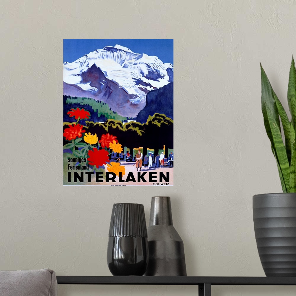 A modern room featuring Travel advertisement for Switzerland featuring flowers people strolling under the snowy peak of t...