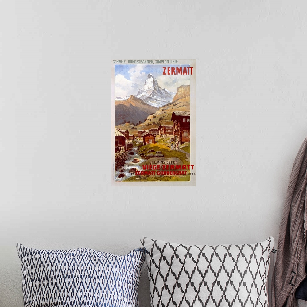 A bohemian room featuring Vertical vintage poster, advertising the Swiss Alps in Zermatt.  Mountains behind a small village...