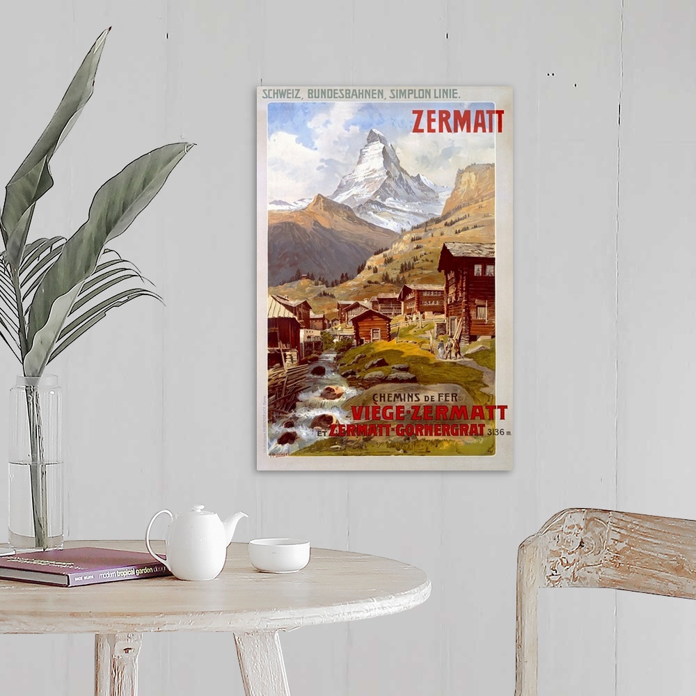 A farmhouse room featuring Vertical vintage poster, advertising the Swiss Alps in Zermatt.  Mountains behind a small village...